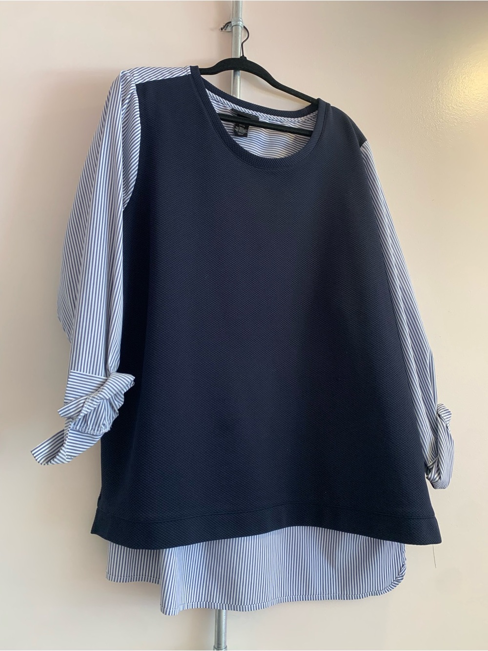 Lane Bryant Navy Pullover with Blue + White-Striped Shirt Sleeves